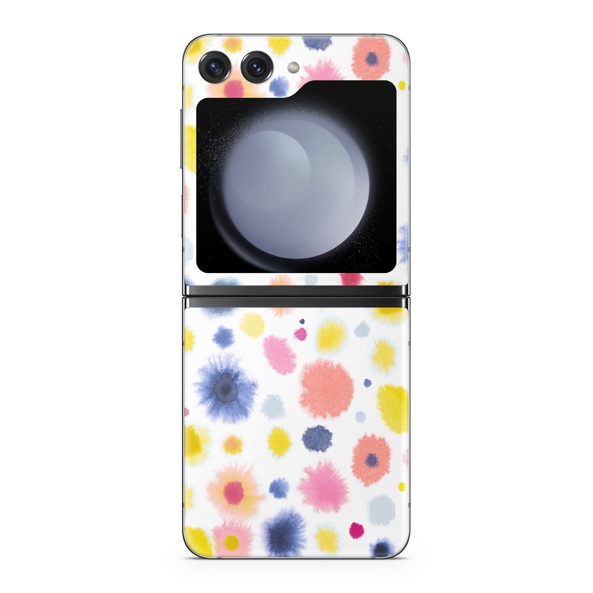 Samsung Galaxy Z Flip5 Skin design of Material property, Circle, Pattern, Design, Magenta, Electric blue, Font, Flowering plant, Painting, with white, pink, orange, blue, yellow, gray colors