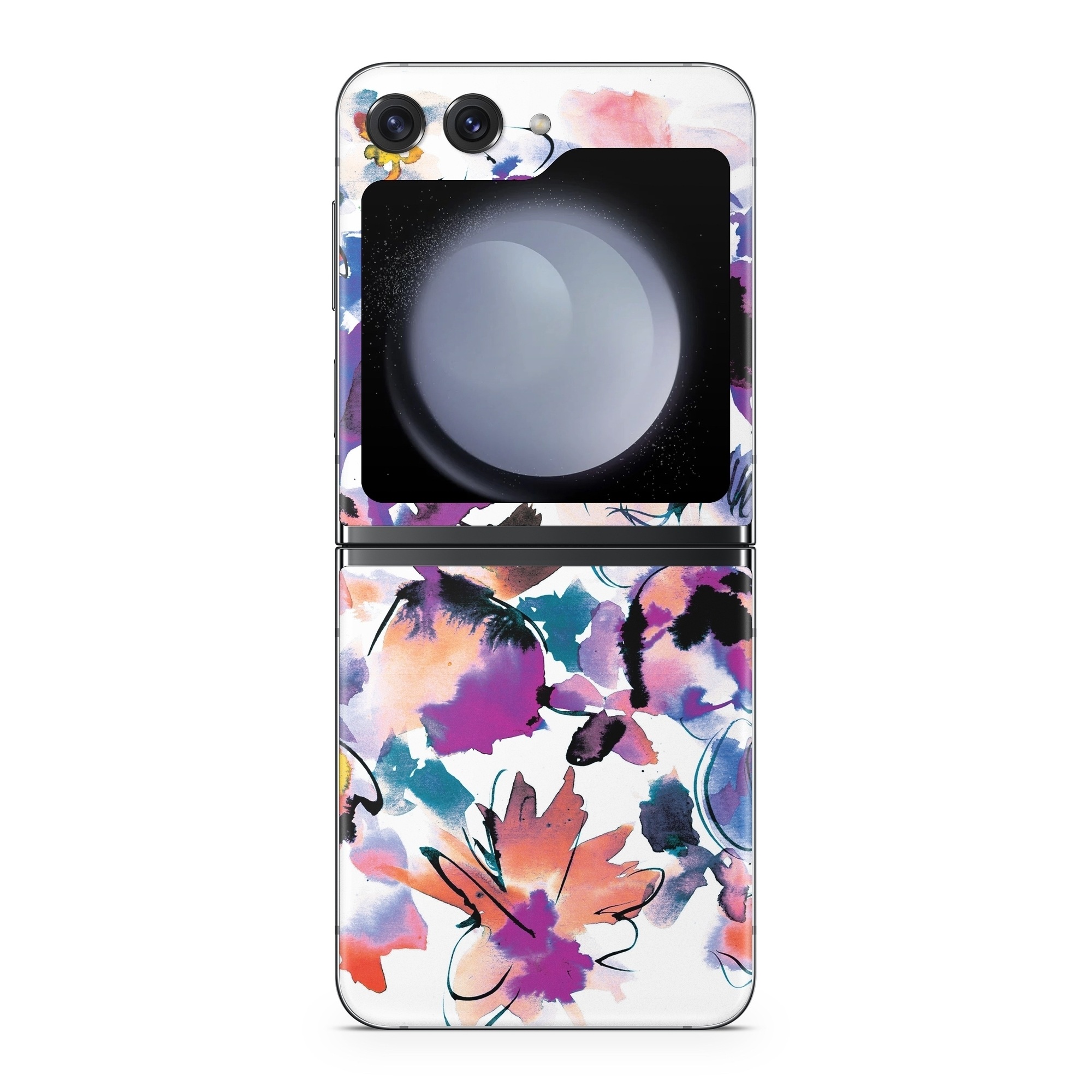 Samsung Galaxy Z Flip5 Skin design of Product, Purple, Illustration, Graphic design, Plant, Clip art, Flower, Graphics, Wildflower, Watercolor paint, with white, purple, pink, yellow, blue, black colors