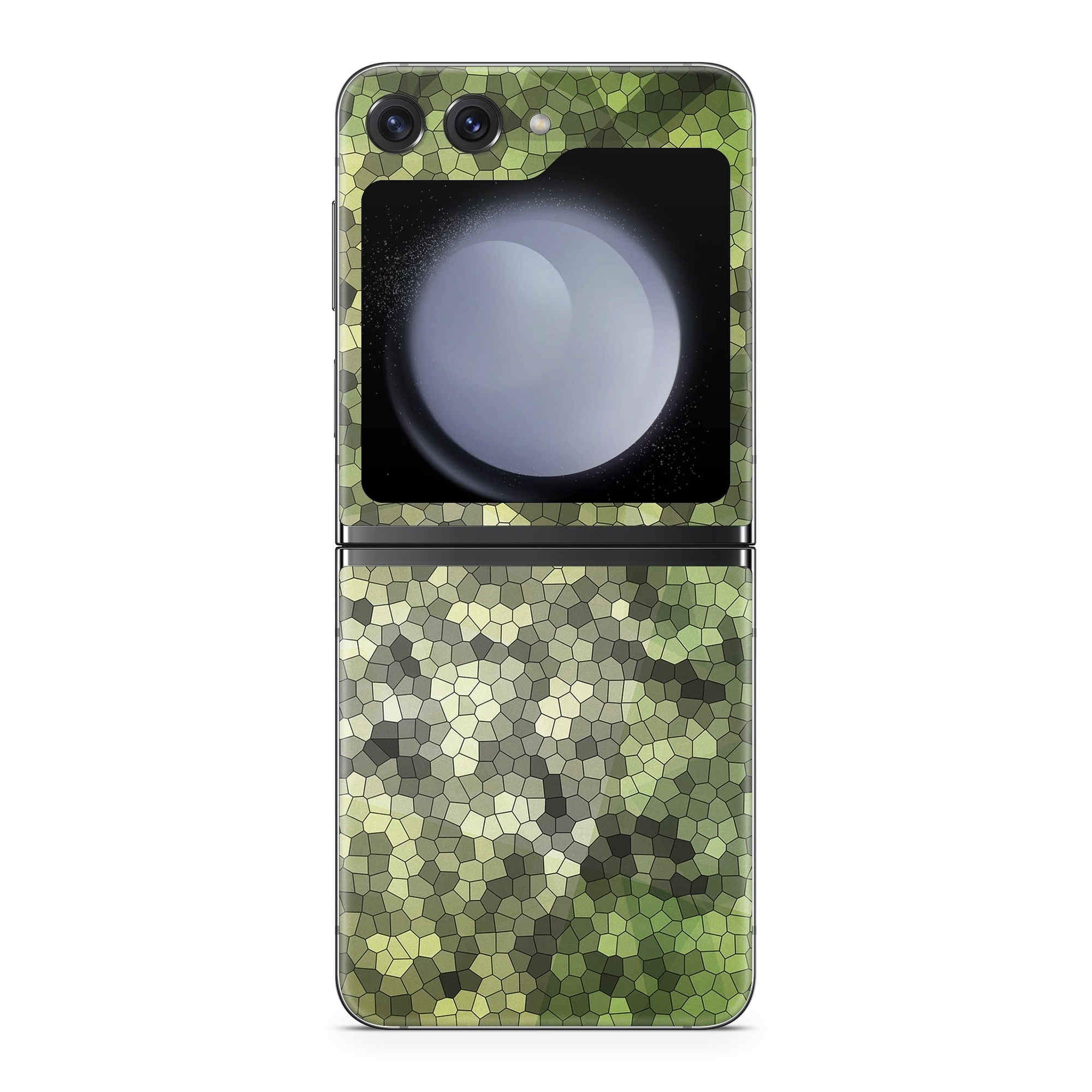 Samsung Galaxy Z Flip5 Skin design of Green, Grass, Leaf, Plant, Pattern, Groundcover, with black, white, green, gray colors