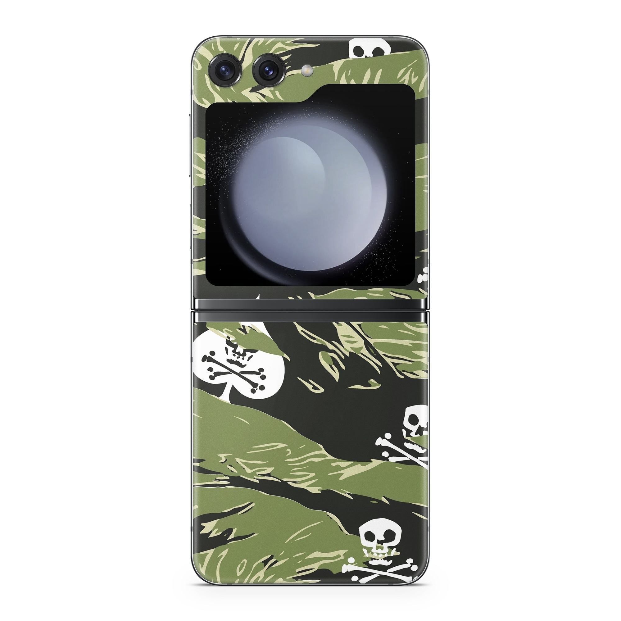 Samsung Galaxy Z Flip5 Skin design of Military camouflage, Pattern, Leaf, Illustration, Design, Tree, Camouflage, Plant, Art, Branch, with black, white, green colors