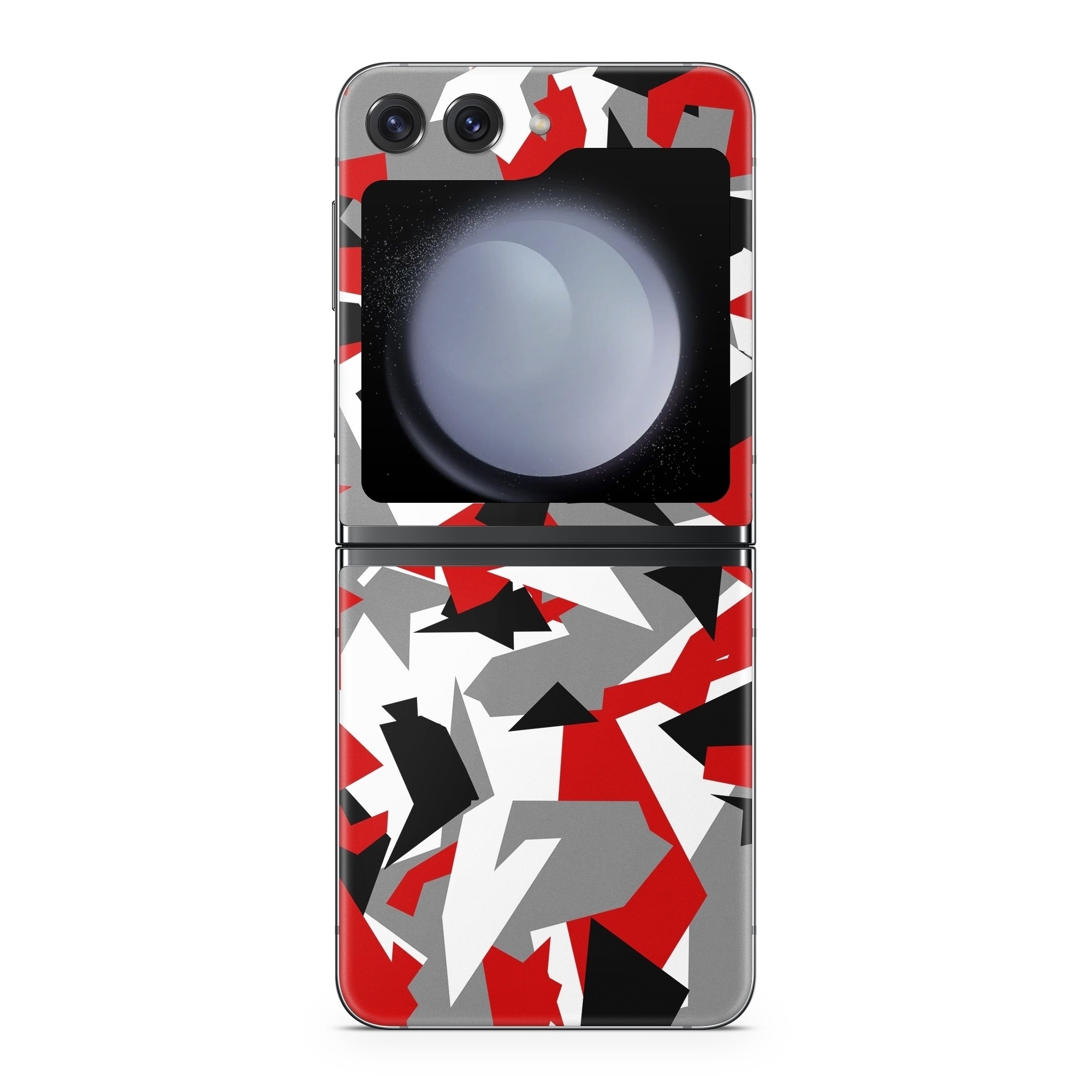 Samsung Galaxy Z Flip5 Skin design of Red, Pattern, Font, Design, Textile, Carmine, Illustration, Flag, Crowd, with red, white, black, gray colors
