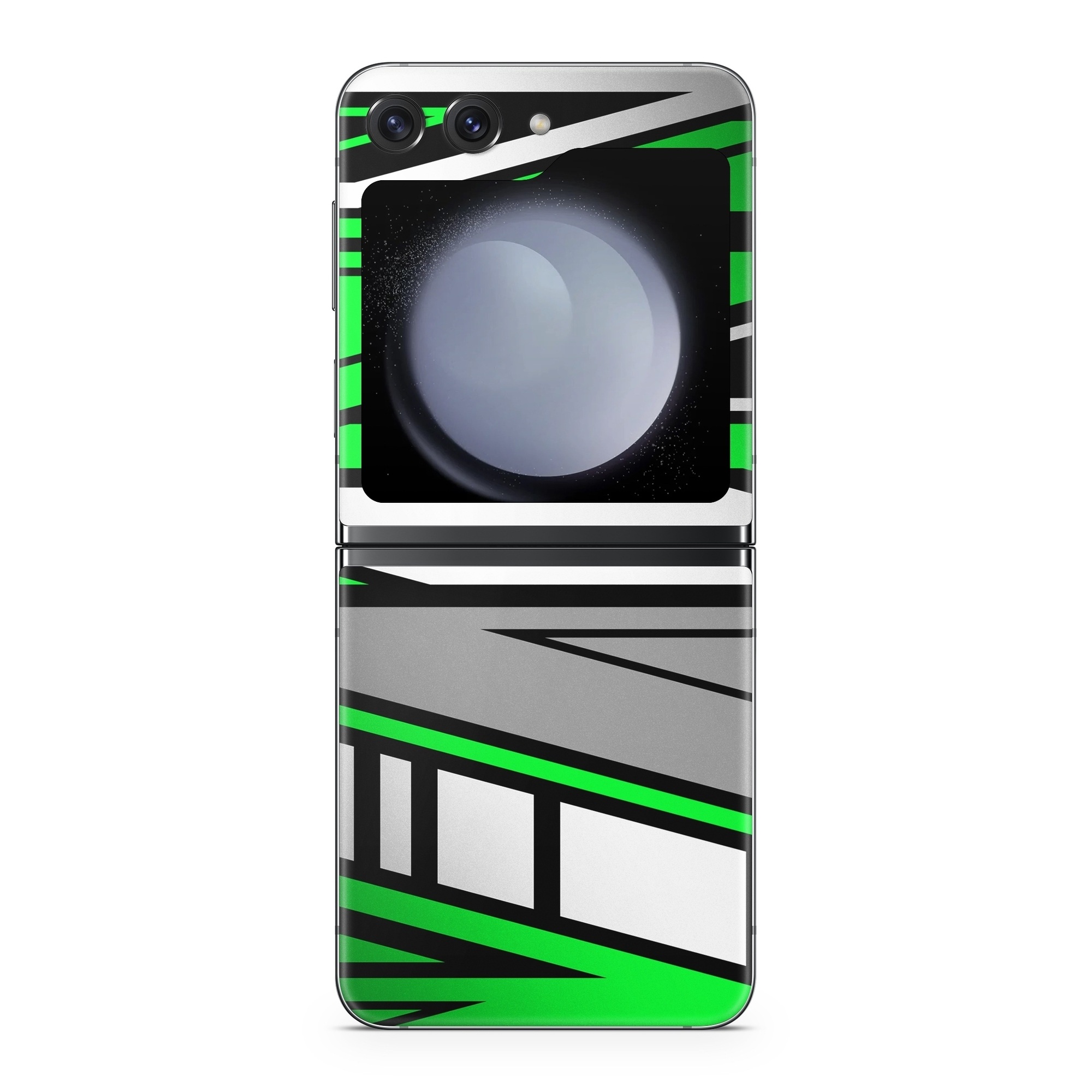 Samsung Galaxy Z Flip5 Skin design of Colorfulness, Green, Rectangle, Slope, Font, Line, Material property, Parallel, Tints and shades, Graphics, with black, green, white, gray colors