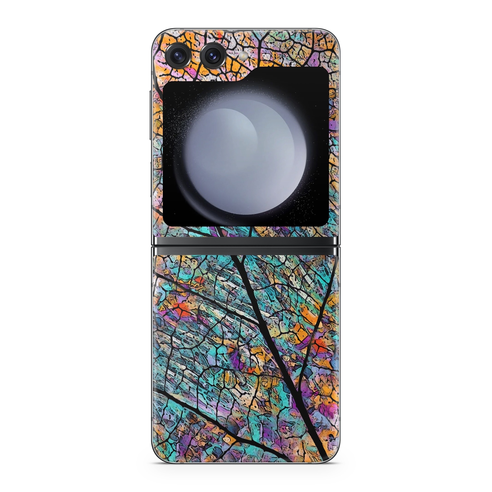 Samsung Galaxy Z Flip5 Skin design of Pattern, Colorfulness, Line, Branch, Tree, Leaf, Design, Visual arts, Glass, Plant, with black, gray, red, blue, green colors