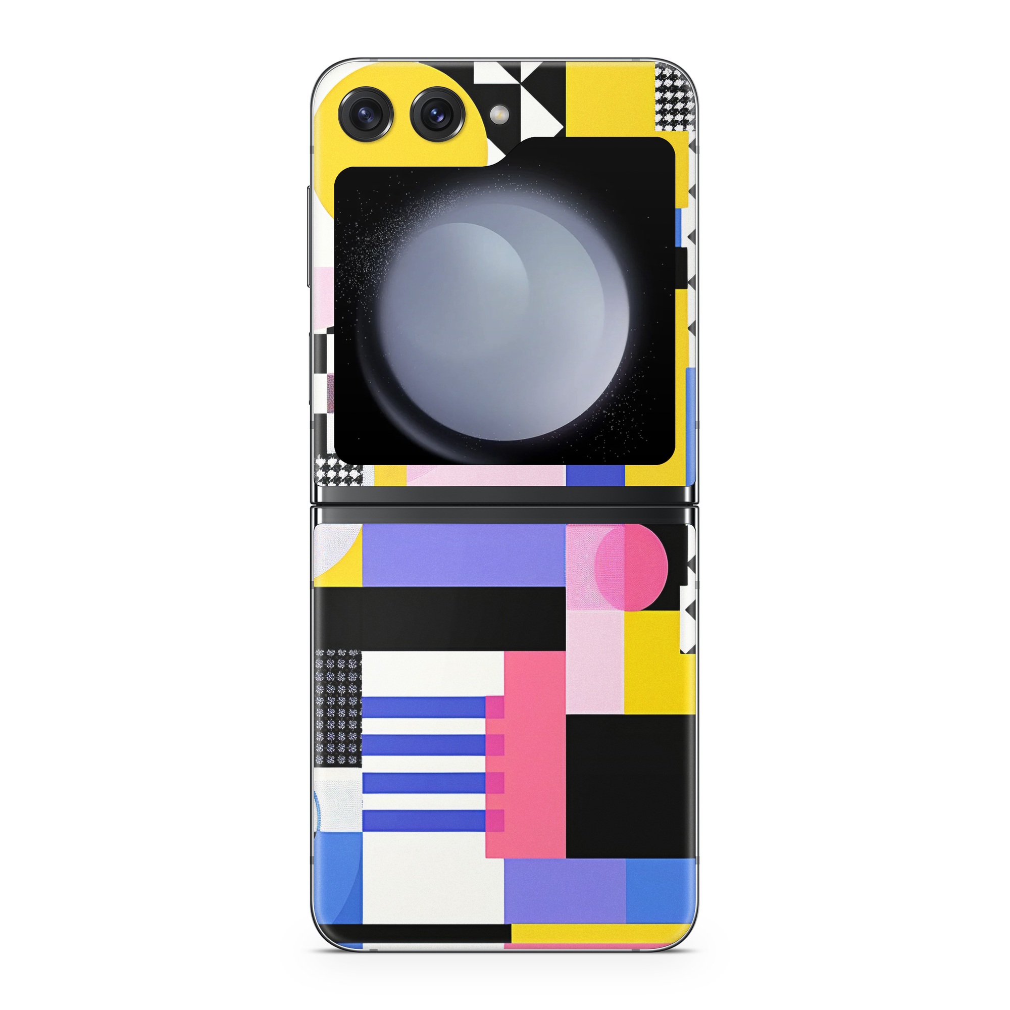 Samsung Galaxy Z Flip5 Skin design of White, Black, Rectangle, Font, Art, Red, Pattern, Tints and shades, Circle, Electric blue, with blue, white, black, yellow, pink, purple colors