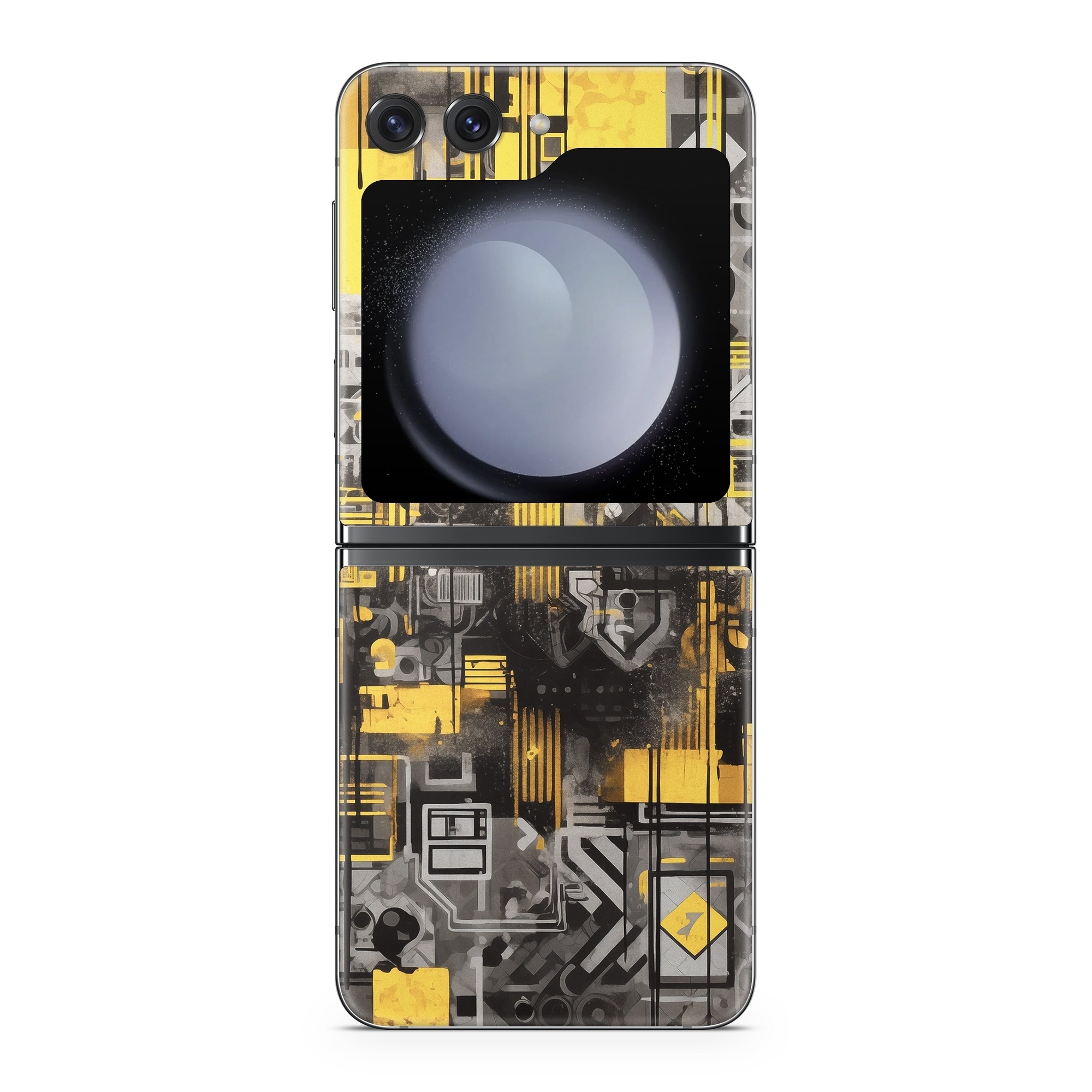 Samsung Galaxy Z Flip5 Skin design of Rectangle, Yellow, Font, Art, City, Engineering, Tints and shades, Pattern, Symmetry, Space, with black, white, gray, yellow colors