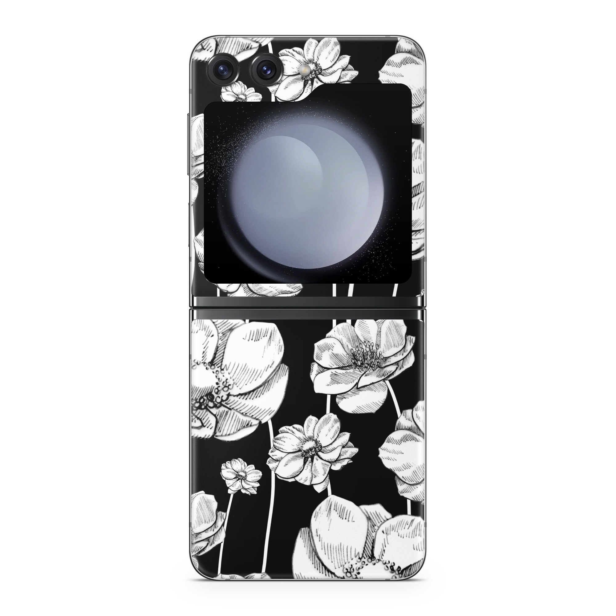 Samsung Galaxy Z Flip5 Skin design of Flower, Black-and-white, Plant, Botany, Petal, Design, Wildflower, Monochrome photography, Pattern, Monochrome, with black, gray, white colors