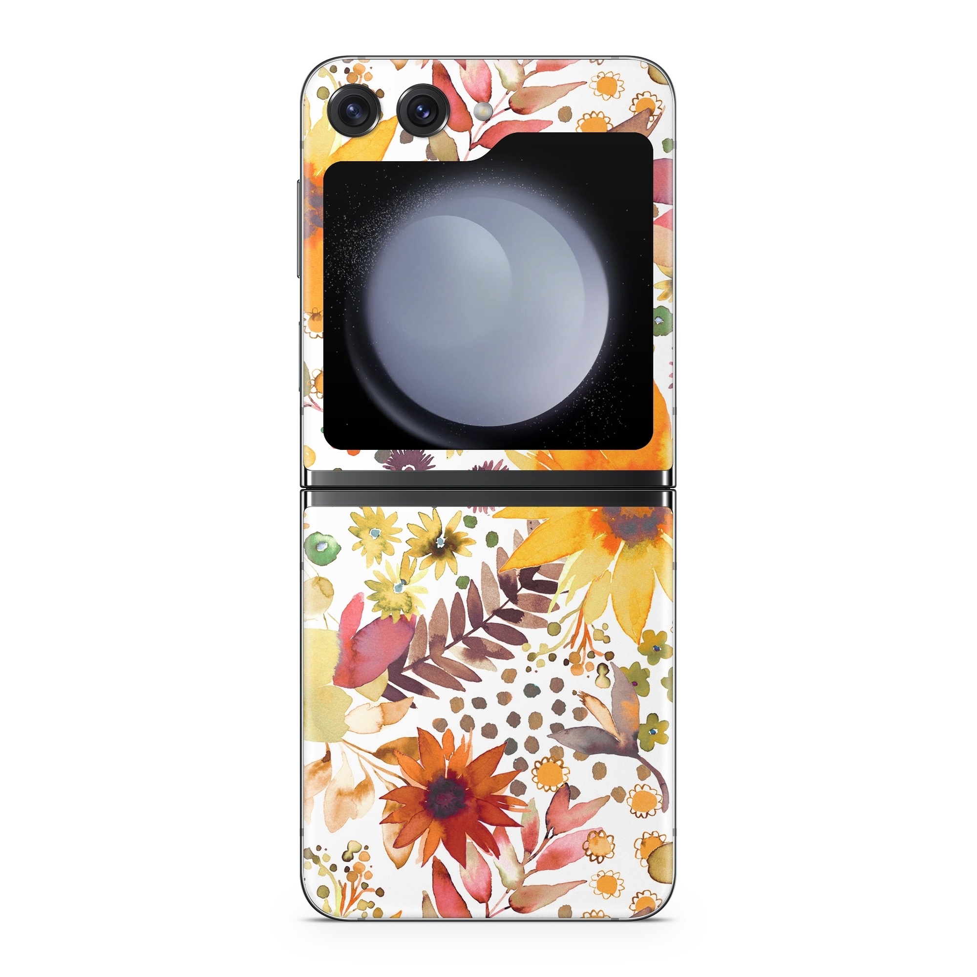 Samsung Galaxy Z Flip5 Skin design of Flower, Plant, Petal, Botany, Textile, Orange, Line, Groundcover, Creative arts, Flowering plant, with white, yellow, pink, green, brown, orange colors