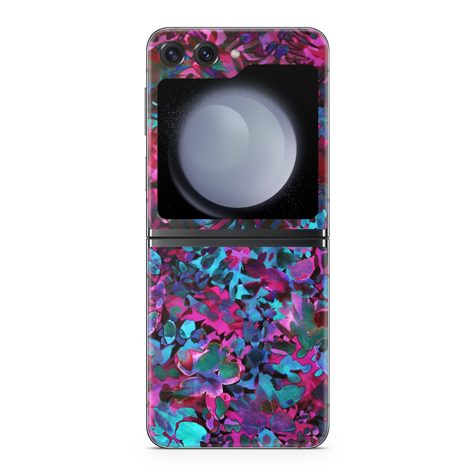 Samsung Galaxy Z Flip5 Skin design of Pink, Purple, Violet, Lilac, Flower, Leaf, Plant, Magenta, Botany, Pattern, with black, pink, purple, blue, green colors