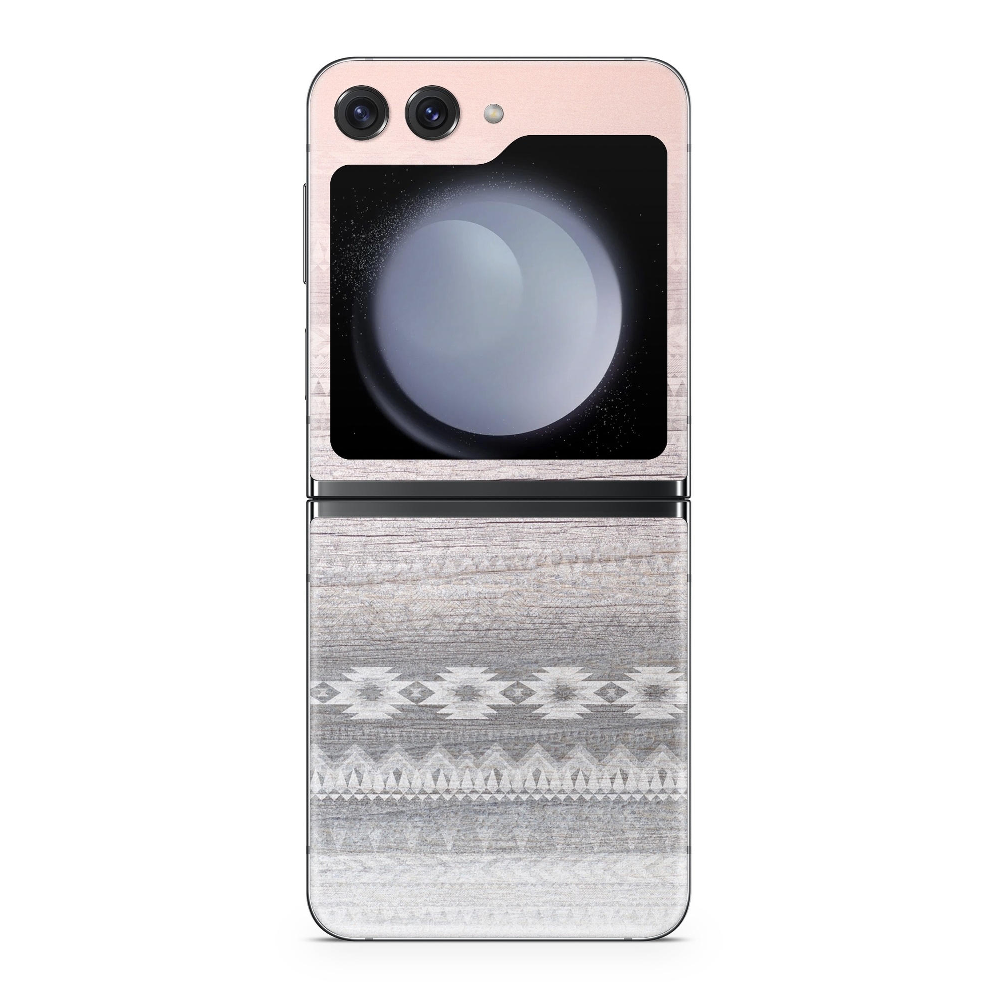 Samsung Galaxy Z Flip5 Skin design of White, Beige, Textile, Pattern, Lace, Tablecloth, Linen, Linens, with pink, white, gray colors