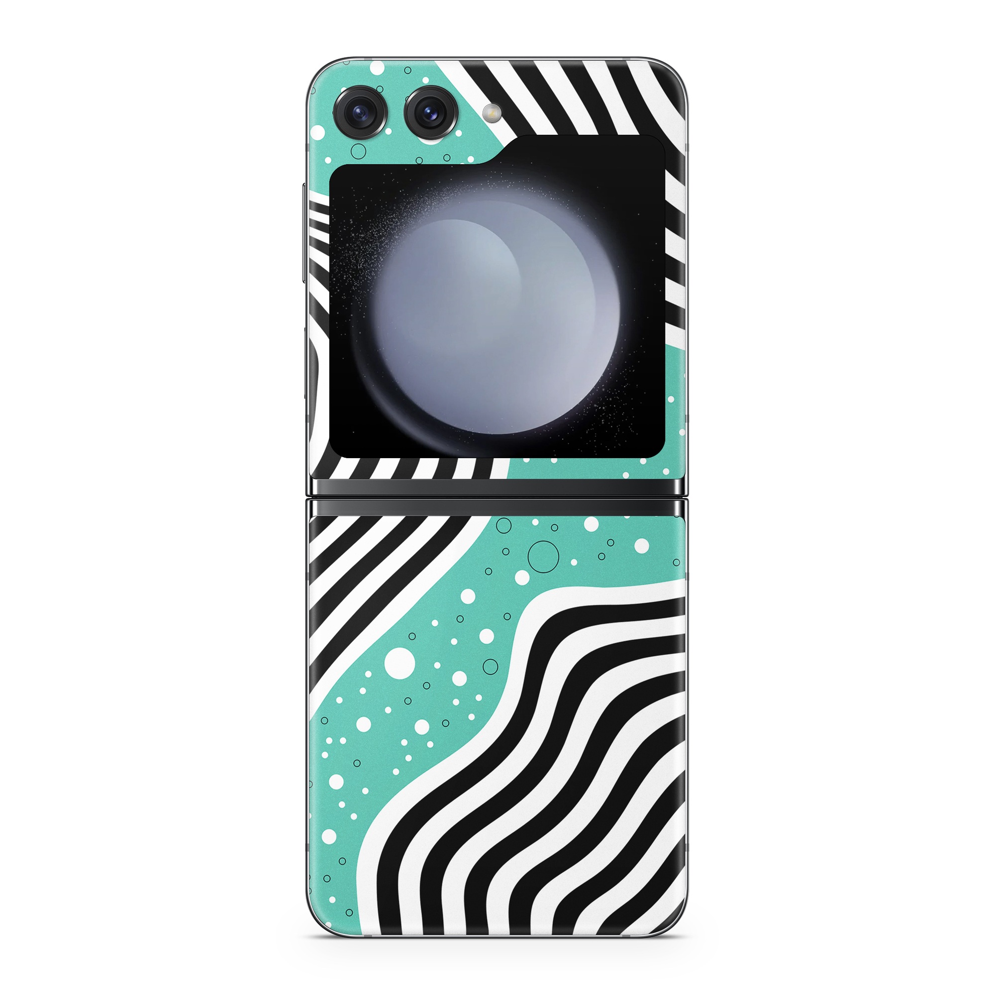 Samsung Galaxy Z Flip5 Skin design of White, Rectangle, Art, Line, Aqua, Pattern, Electric blue, Visual arts, Font, Graphics, with white, black, blue, green colors