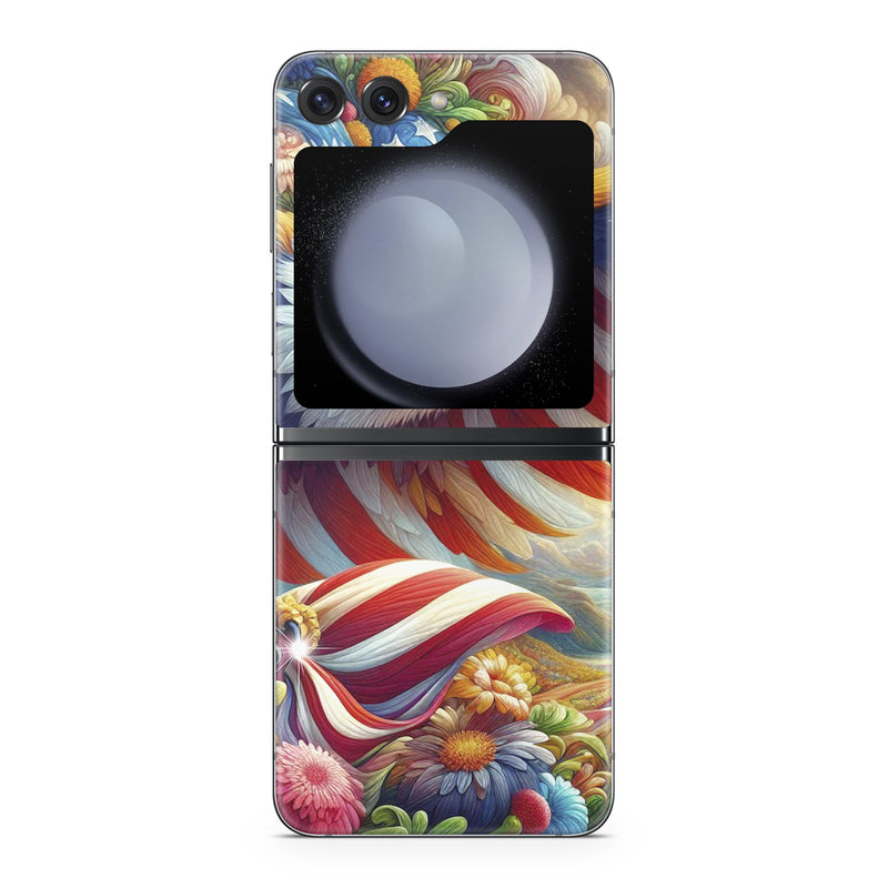 Samsung Galaxy Z Flip5 Skin design of Bird, Accipitridae, Beak, Wing, Bald eagle, Bird of prey, Eagle, Flag of the United States, Accipitriformes, Painting, with red, blue, white, yellow, orange, brown, green, gray colors