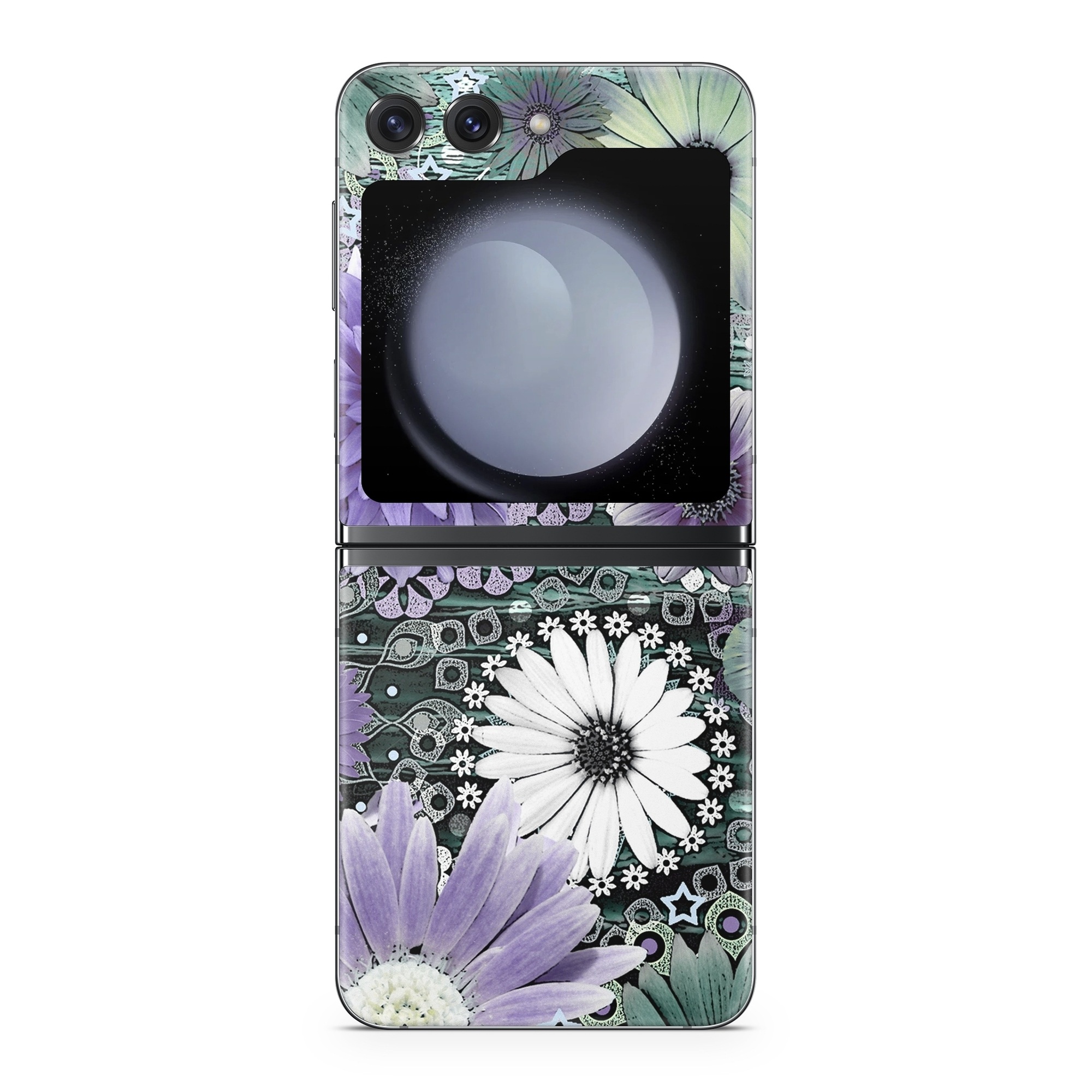 Samsung Galaxy Z Flip5 Skin design of Purple, Flower, african daisy, Pericallis, Plant, Violet, Lavender, Botany, Petal, Pattern, with gray, black, blue, purple, white colors