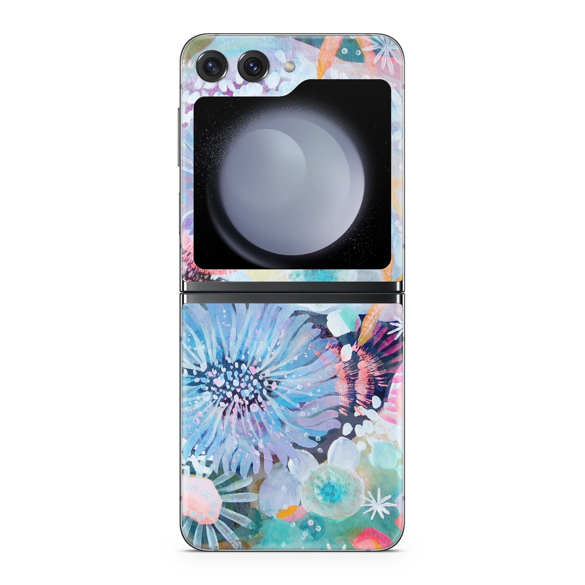 Samsung Galaxy Z Flip5 Skin design of Pattern, Aqua, Textile, Design, Watercolor paint, Visual arts, Flower, Art, Plant, Illustration, with blue, orange, pink, purple, green, white colors