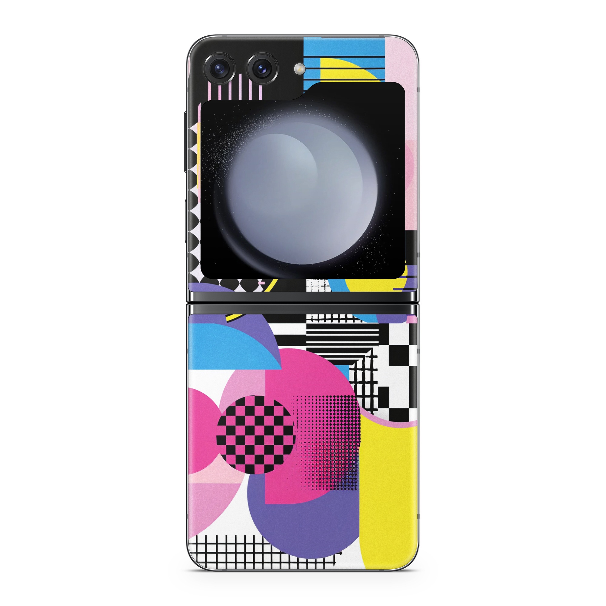 Samsung Galaxy Z Flip5 Skin design of Rectangle, Textile, Art, Font, Line, Material property, Magenta, Pattern, Circle, Tints and shades, with pink, yellow, white, black, purple, blue colors