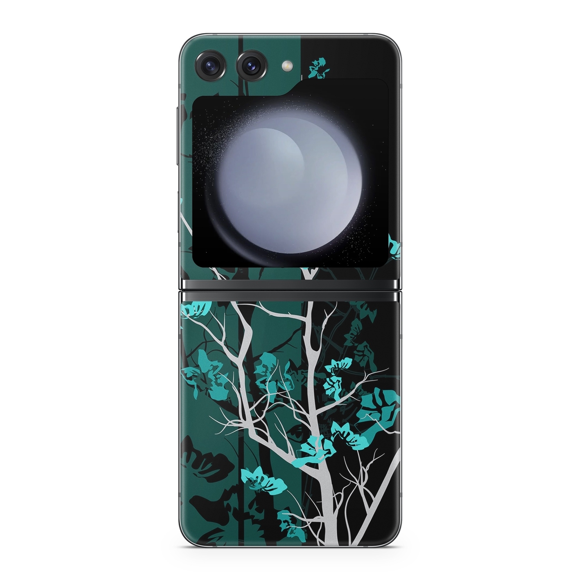 Samsung Galaxy Z Flip5 Skin design of Branch, Black, Blue, Green, Turquoise, Teal, Tree, Plant, Graphic design, Twig, with black, blue, gray colors