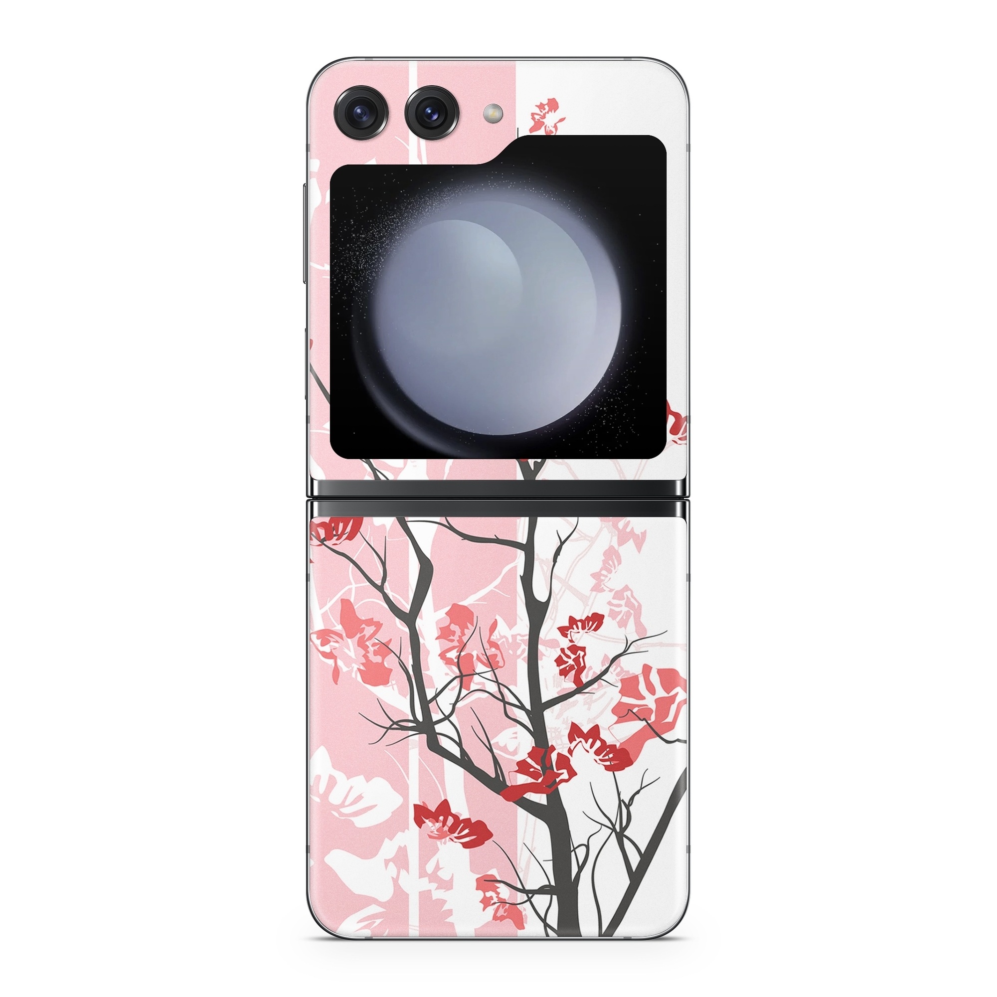 Samsung Galaxy Z Flip5 Skin design of Branch, Red, Flower, Plant, Tree, Twig, Blossom, Botany, Pink, Spring, with white, pink, gray, red, black colors