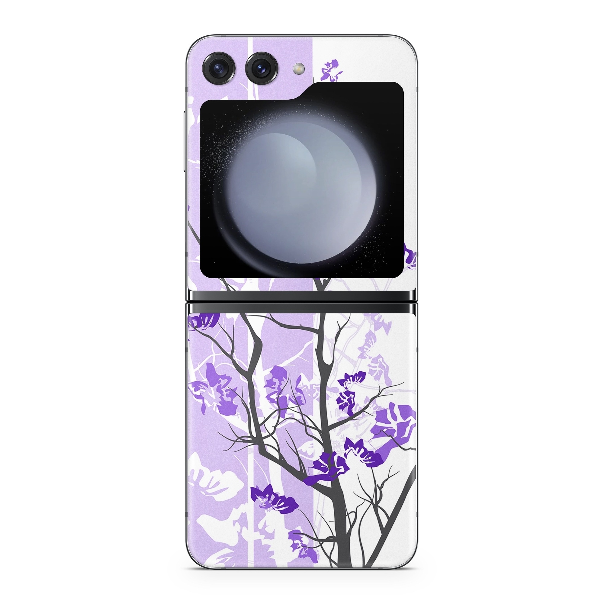 Samsung Galaxy Z Flip5 Skin design of Branch, Purple, Violet, Lilac, Lavender, Plant, Twig, Flower, Tree, Wildflower, with white, purple, gray, pink, black colors