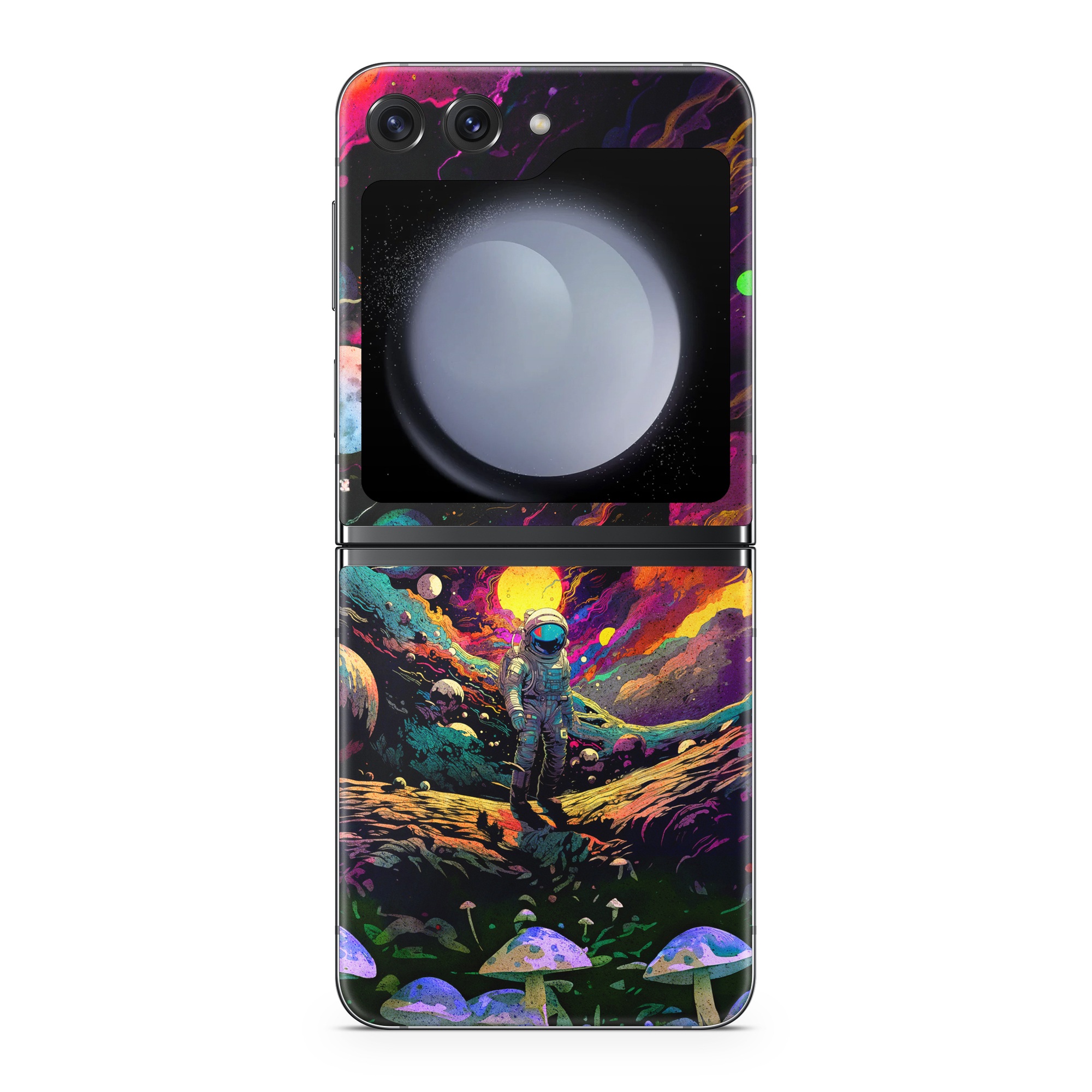 Samsung Galaxy Z Flip5 Skin design of Light, Nature, Purple, Umbrella, Plant, Art, Terrestrial plant, Natural landscape, Astronomical object, Space, with black, white, purple, red, gray, orange, yellow, blue, green, brown colors