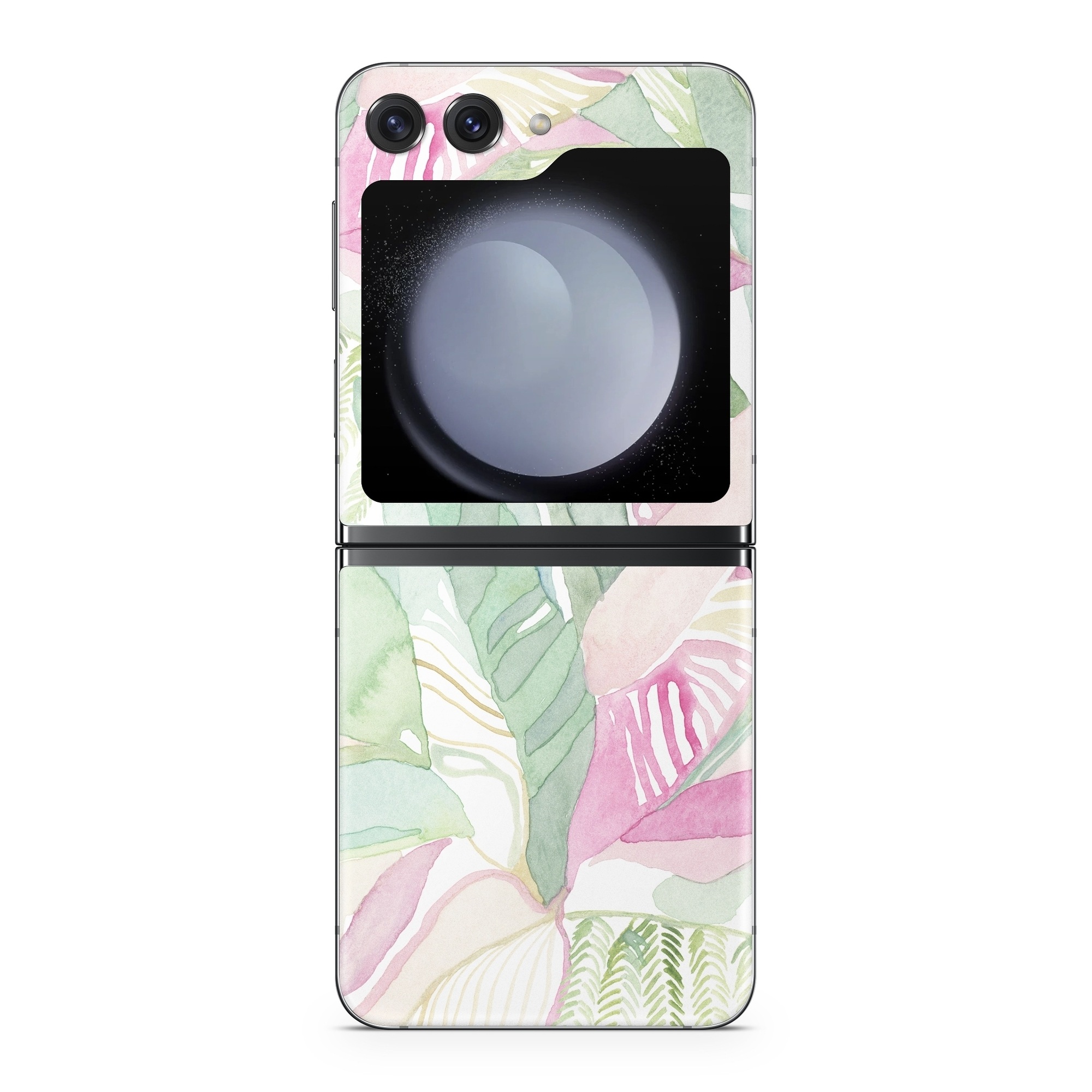 Samsung Galaxy Z Flip5 Skin design of Pink, Leaf, Botany, Pattern, Plant, Flower, Illustration, with white, green, pink, orange colors