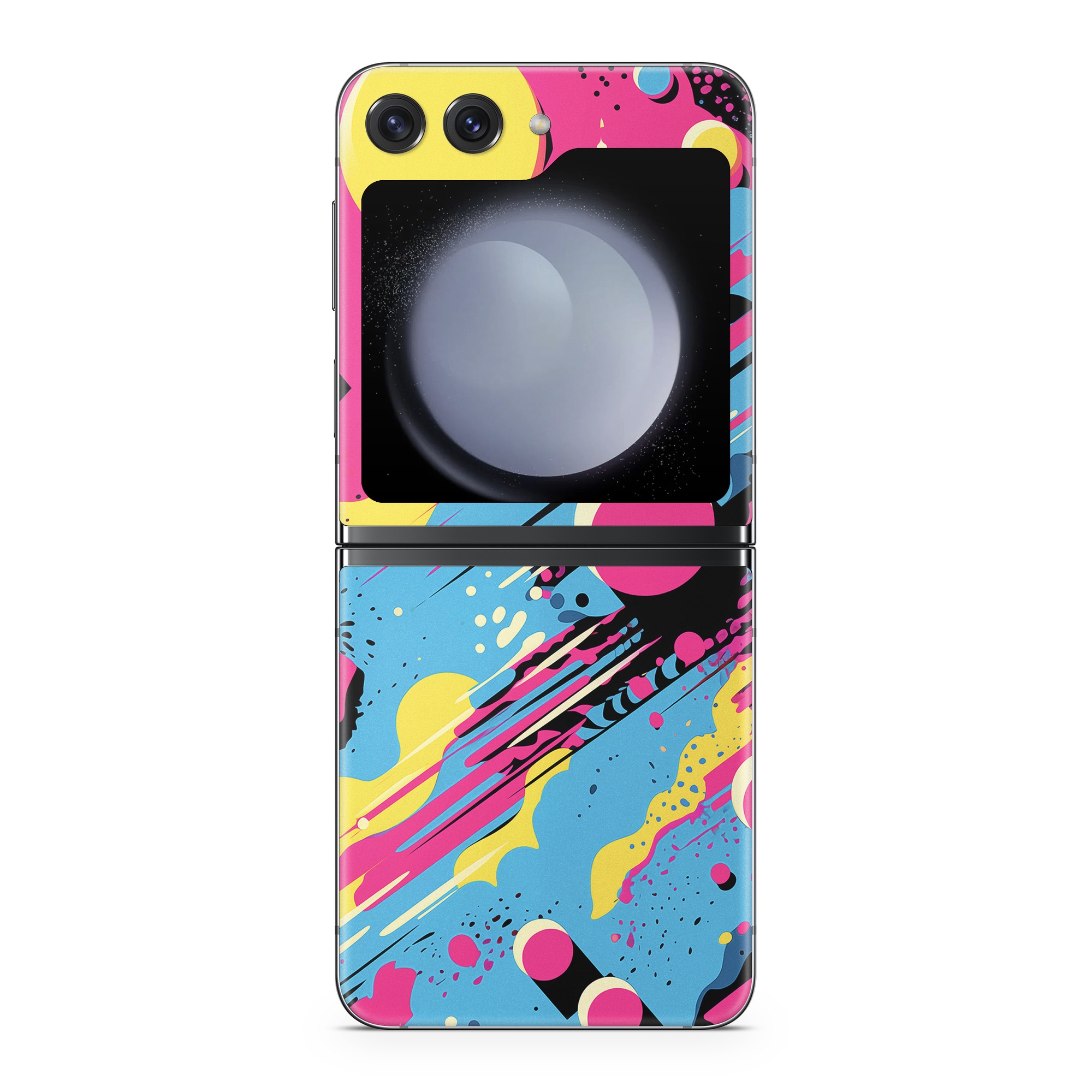 Samsung Galaxy Z Flip5 Skin design of Colorfulness, Paint, Art, Font, Line, Material property, Magenta, Pattern, Illustration, Circle, with pink, yellow, blue, black, white colors