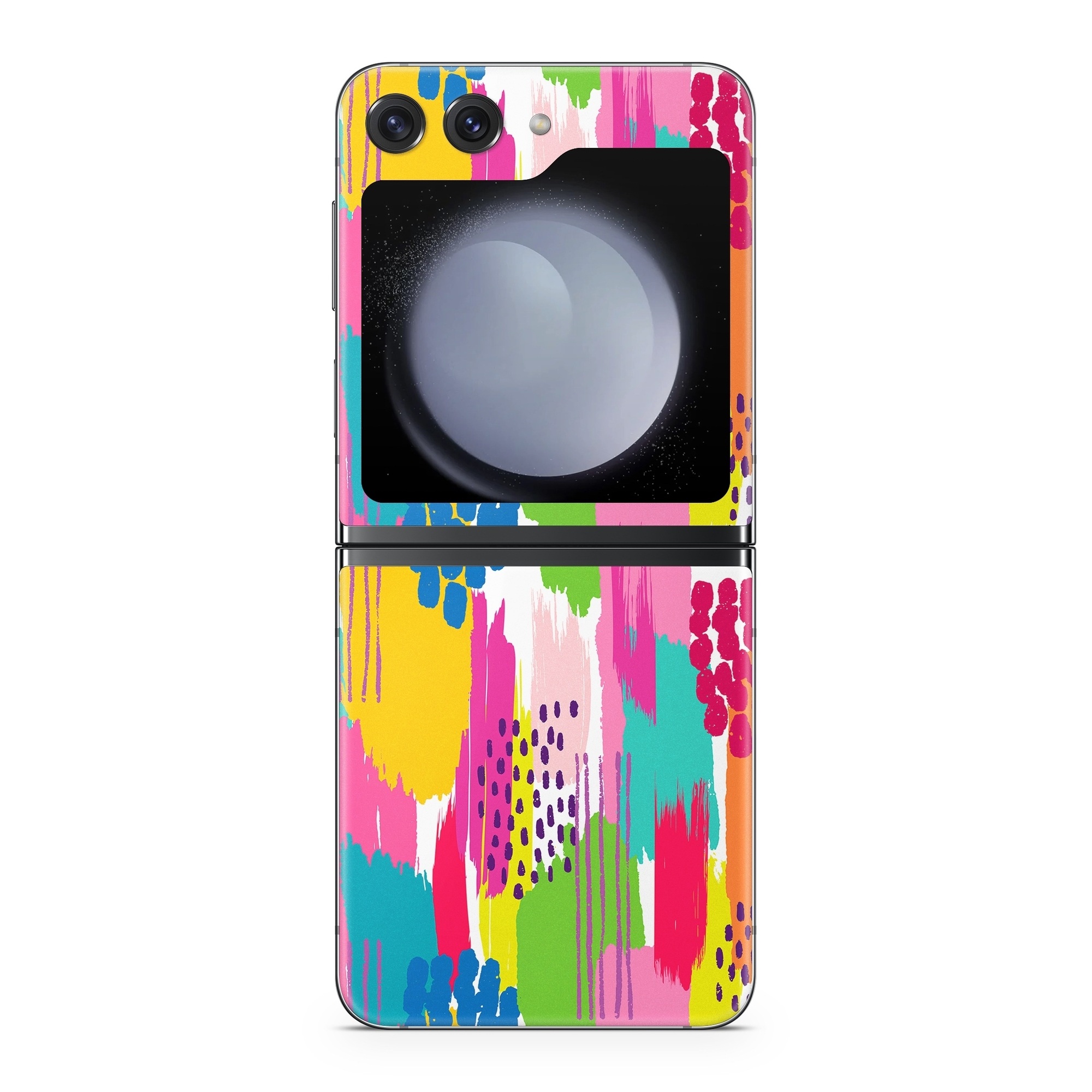 Samsung Galaxy Z Flip5 Skin design of Colorfulness, Textile, Rectangle, Font, Line, Painting, Art, Magenta, Material property, Pattern, with white, pink, yellow, orange, blue, red colors