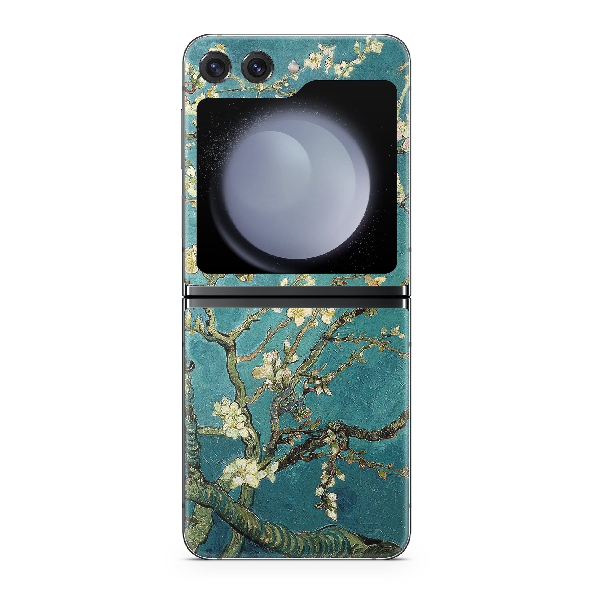 Samsung Galaxy Z Flip5 Skin design of Tree, Branch, Plant, Flower, Blossom, Spring, Woody plant, Perennial plant, with blue, black, gray, green colors
