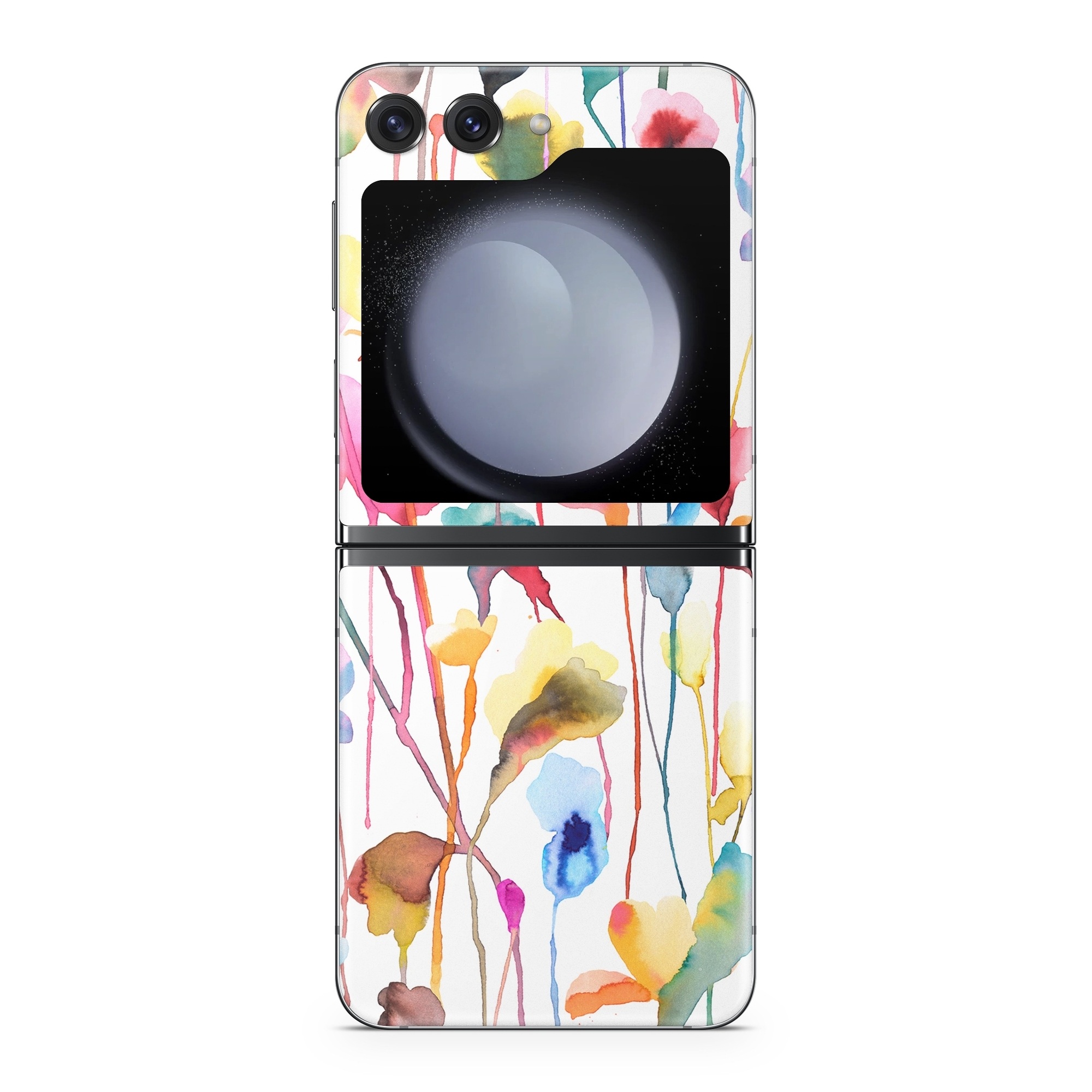 Samsung Galaxy Z Flip5 Skin design of Plant, Petal, Art, Font, Pattern, Automotive wheel system, Event, Visual arts, Party supply, Pole, with white, red, pink, yellow, orange, green, blue, purple colors
