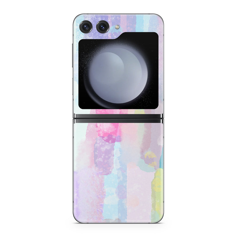 Samsung Galaxy Z Flip5 Skin design of Blue, White, Pink, Orange, Art Paint, Watercolor painting, Paint, with blue, green, red, orange, yellow, purple, white colors