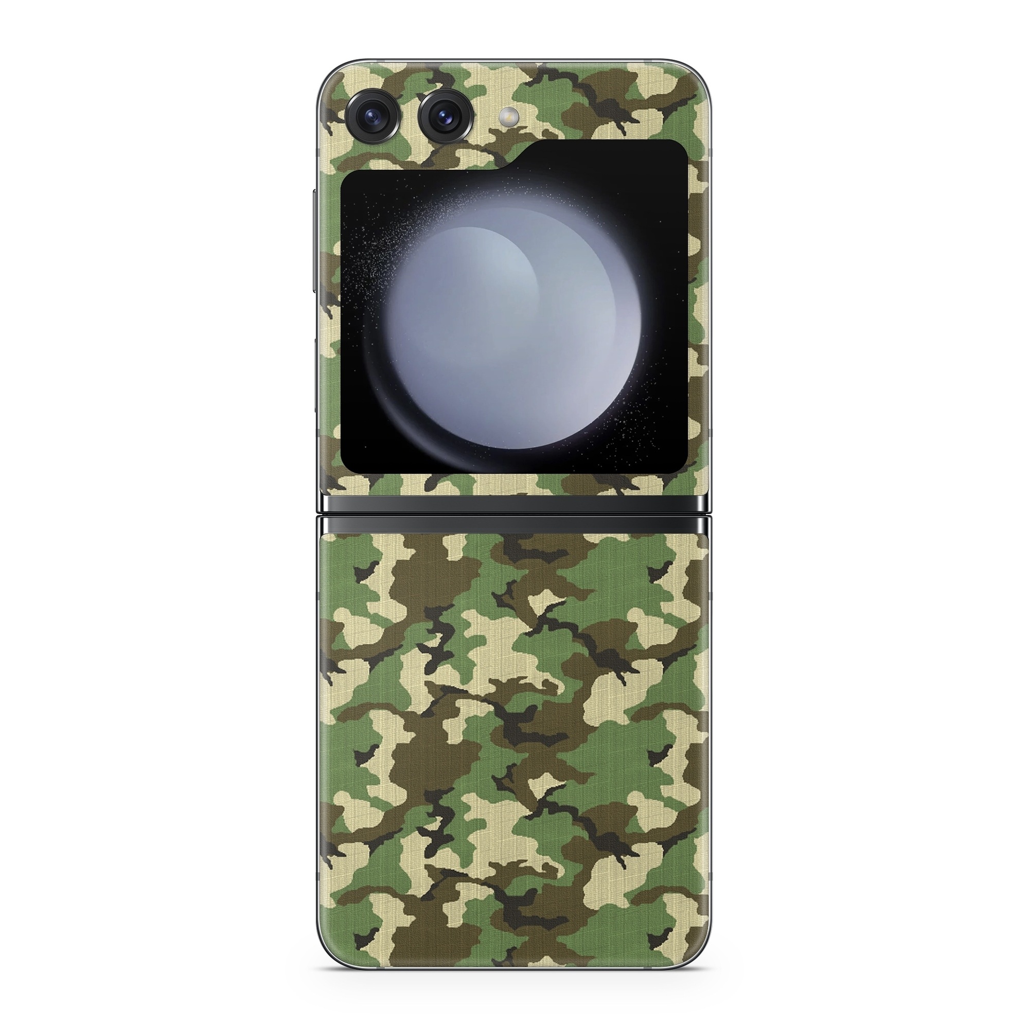 Samsung Galaxy Z Flip5 Skin design of Military camouflage, Camouflage, Clothing, Pattern, Green, Uniform, Military uniform, Design, Sportswear, Plane, with black, gray, green colors
