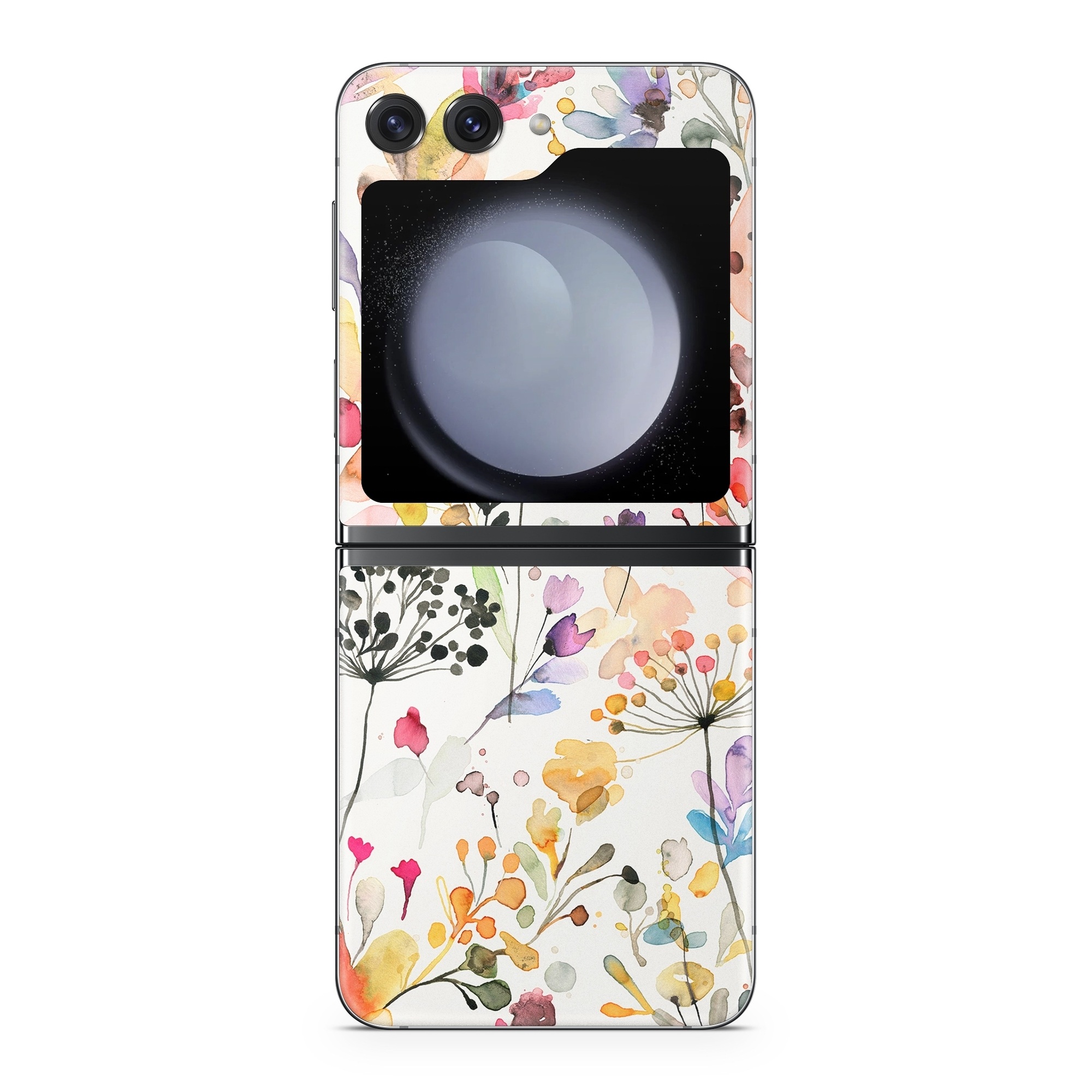 Samsung Galaxy Z Flip5 Skin design of Flower, Petal, Rectangle, Branch, Creative arts, Plant, Line, Art, Painting, Font, with white, pink, red, yellow, orange, green, blue, purple colors