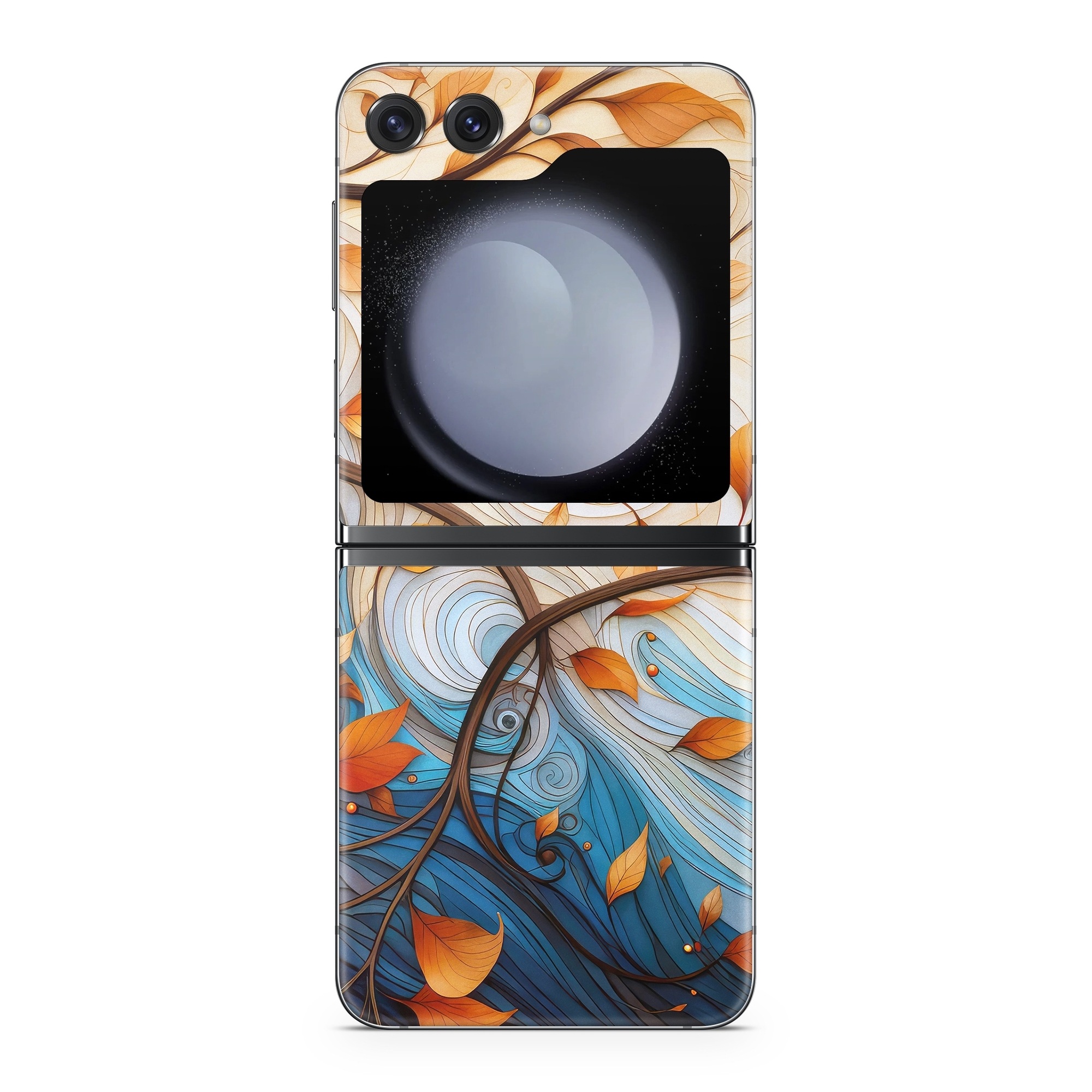 Samsung Galaxy Z Flip5 Skin design of Dishware, Orange, Textile, Sleeve, Serveware, Petal, Pattern, Porcelain, Electric blue, Art, with yellow, orange, red, white, blue, brown colors