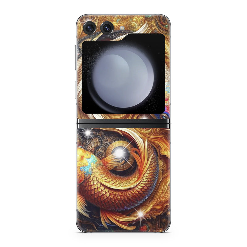 Samsung Galaxy Z Flip5 Skin design of Fractal art, Graphic design, Design, Fictional character, Graphics, Mythical creature, Modern art, Scaled reptiles, Mythology, Serpent, with red, orange, yellow, brown, blue, green, white, black colors