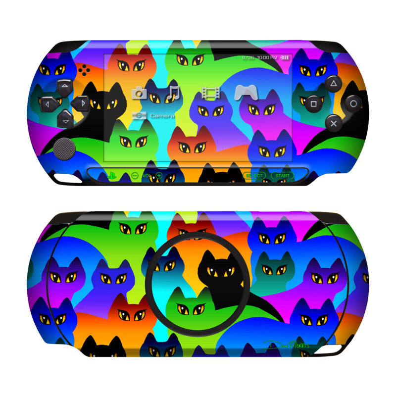 PSP Street Skin design of Black cat, Purple, Cat, Small to medium-sized cats, Pattern, Design, Felidae, Illustration, Art, with black, blue, green, purple colors