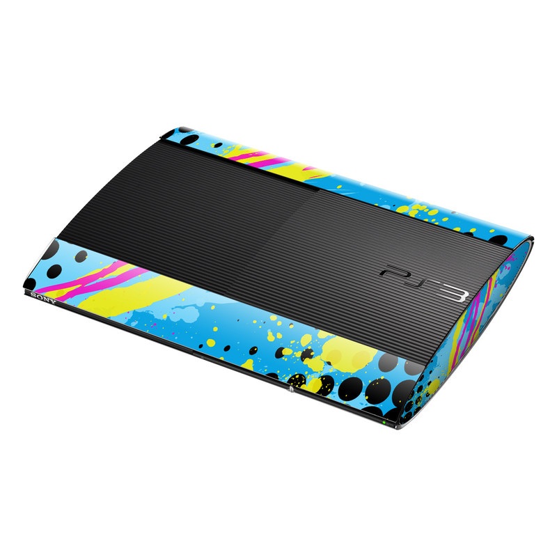 PlayStation 3 Super Slim Skin design of Blue, Colorfulness, Graphic design, Pattern, Water, Line, Design, Graphics, Illustration, Visual arts, with blue, black, yellow, pink colors
