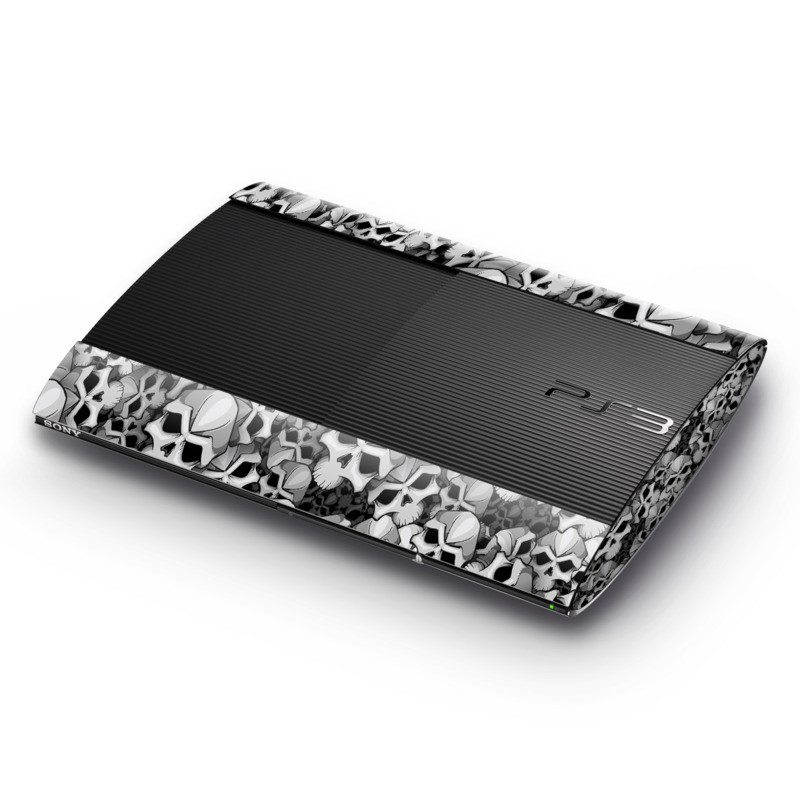 PlayStation 3 Super Slim Skin design of Pattern, Black-and-white, Monochrome, Ball, Football, Monochrome photography, Design, Font, Stock photography, Photography, with gray, black colors
