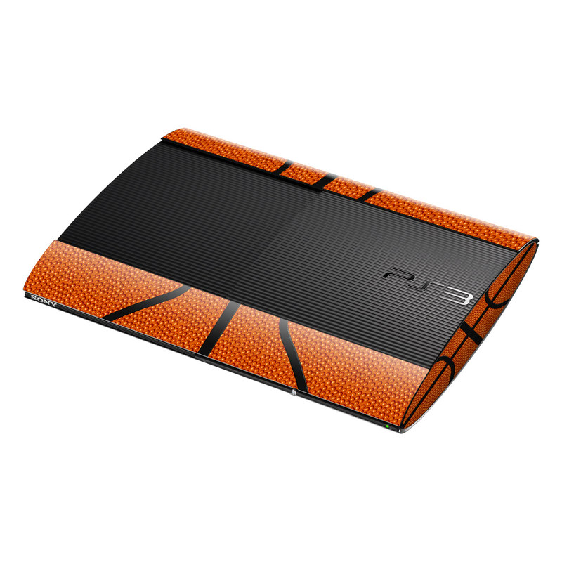 PlayStation 3 Super Slim Skin design of Orange, Basketball, Line, Pattern, Sport venue, Brown, Yellow, Design, Net, Team sport, with orange, black colors