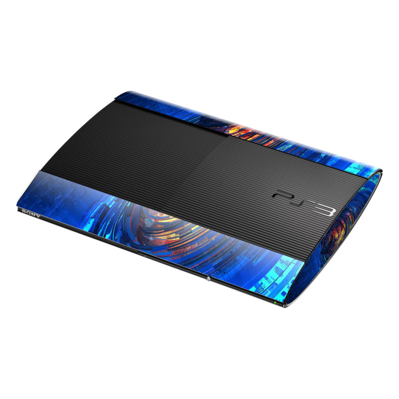 PlayStation 3 Super Slim Skin design of Blue, Water, Circle, Vortex, Electric blue, Wave, Liquid, Graphics, Pattern, Colorfulness, with blue, orange, yellow colors