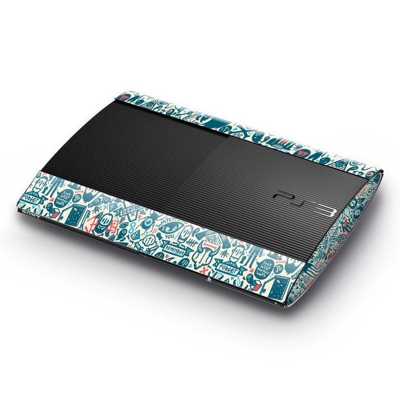 PlayStation 3 Super Slim Skin design of Pattern, Psychedelic art, Turquoise, Art, Design, Visual arts, Line, Drawing, Doodle, Graphic design, with white, green, blue, red colors