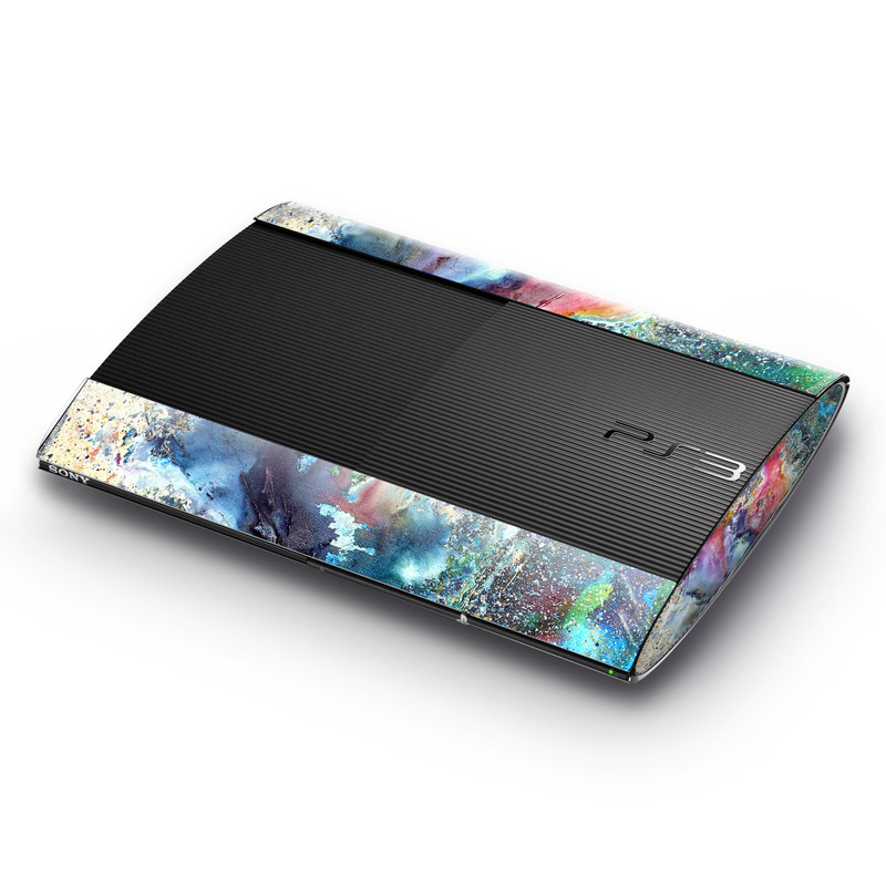 PlayStation 3 Super Slim Skin design of Watercolor paint, Painting, Acrylic paint, Art, Modern art, Paint, Visual arts, Space, Colorfulness, Illustration, with gray, black, blue, red, pink colors