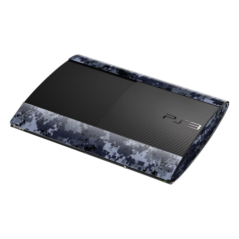 PlayStation 3 Super Slim Skin design of Military camouflage, Black, Pattern, Blue, Camouflage, Design, Uniform, Textile, Black-and-white, Space, with black, gray, blue colors