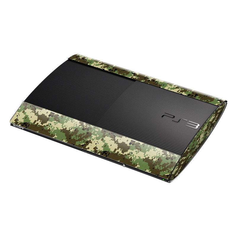 PlayStation 3 Super Slim Skin design of Military camouflage, Pattern, Camouflage, Green, Uniform, Clothing, Design, Military uniform, with black, gray, green colors