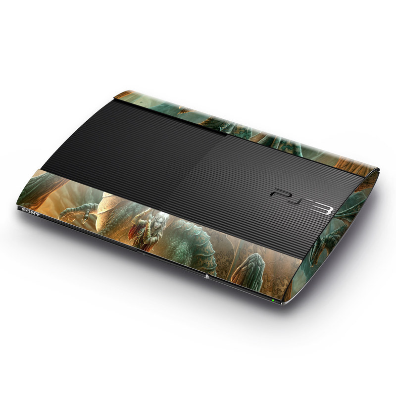 PlayStation 3 Super Slim Skin design of Dragon, Cg artwork, Mythology, Fictional character, Mythical creature, Art, Illustration, Cryptid, Sculpture, Demon, with black, green, red, gray, blue colors