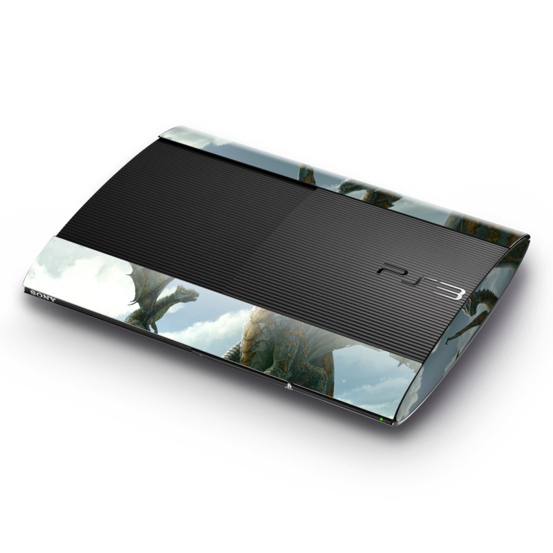 PlayStation 3 Super Slim Skin design of Dragon, Cg artwork, Fictional character, Mythical creature, Mythology, Extinction, Cryptid, Illustration, Games, Massively multiplayer online role-playing game, with black, gray, blue, white, purple colors