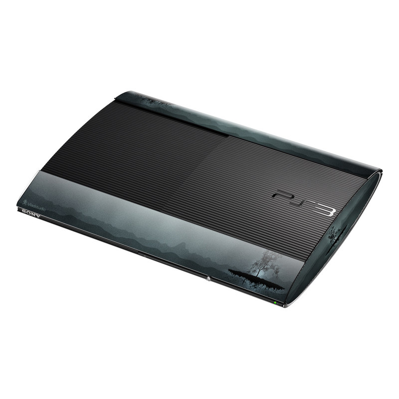 PlayStation 3 Super Slim Skin design of Reflection, Sky, Nature, Water, Black, Tree, Black-and-white, Monochrome photography, Natural landscape, Atmospheric phenomenon, with black, gray, blue colors