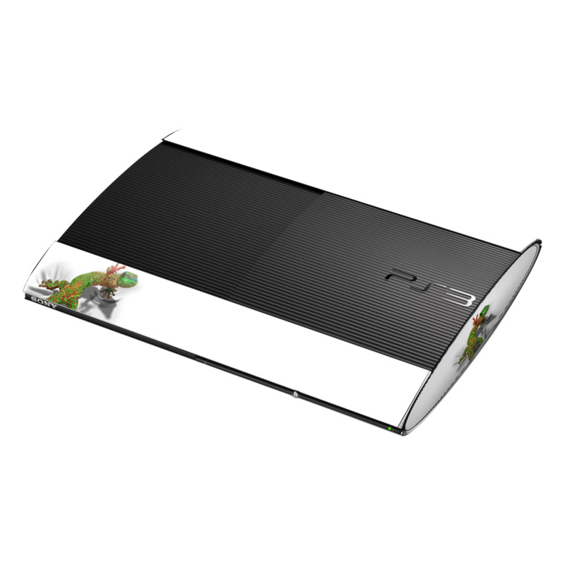 PlayStation 3 Super Slim Skin design of Lizard, Reptile, Gecko, Scaled reptile, Green, Iguania, Animal figure, Wall lizard, Fictional character, Iguanidae, with white, gray, black, red, green colors