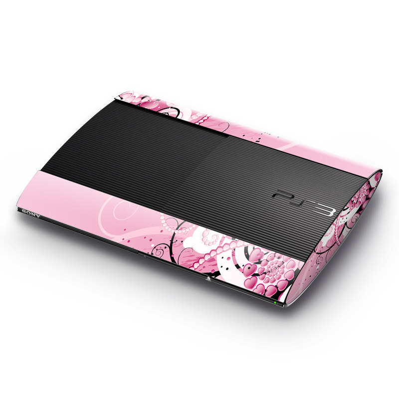 PlayStation 3 Super Slim Skin design of Pink, Floral design, Graphic design, Text, Design, Flower Arranging, Pattern, Illustration, Flower, Floristry, with pink, gray, black, white, purple, red colors