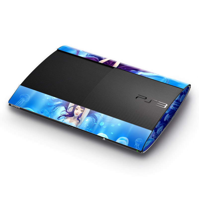 PlayStation 3 Super Slim Skin design of Jellyfish, Cnidaria, Organism, Marine biology, Marine invertebrates, Water, Bioluminescence, Illustration, Electric blue, Fictional character, with blue, purple, gray colors