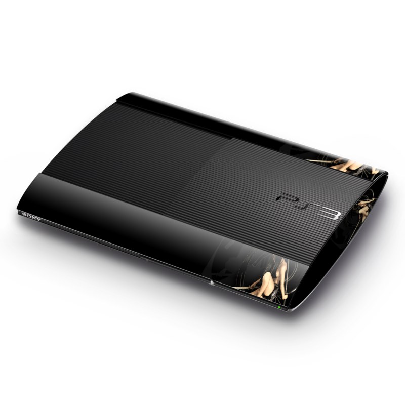 PlayStation 3 Super Slim Skin design of Black, Photography, Leg, Black hair, Cg artwork, Darkness, Fetish model, Sitting, Flash photography, with black, yellow, gray, white colors