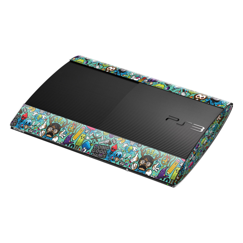 PlayStation 3 Super Slim Skin design of Cartoon, Art, Pattern, Design, Illustration, Visual arts, Doodle, Psychedelic art, with black, blue, gray, red, green colors