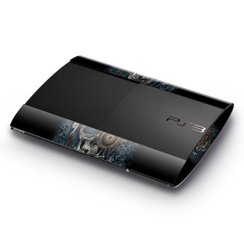 PlayStation 3 Super Slim Skin design of Engine, Auto part, Still life photography, Personal protective equipment, Illustration, Automotive engine part, Art, with black, gray, red, green colors